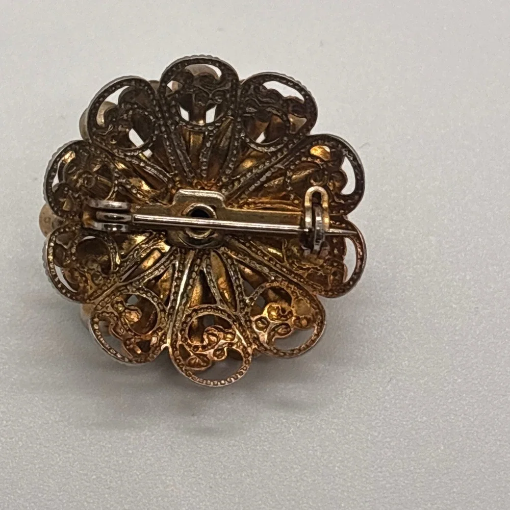 Vintage Gold Tone Blue Rhinestone Floral Brooch Statement Flower Pin